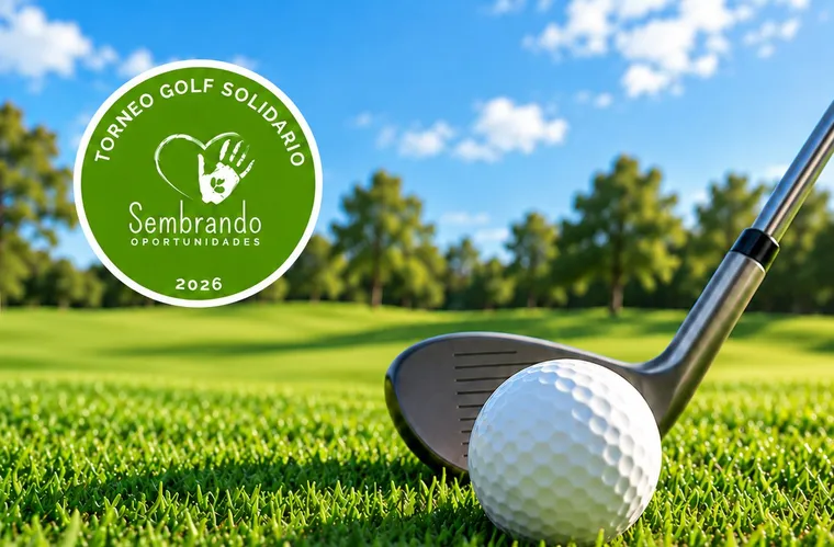Pelota y palo de golf sobre el césped, con el sello del Torneo Golf Solidario Sembrando 2026.